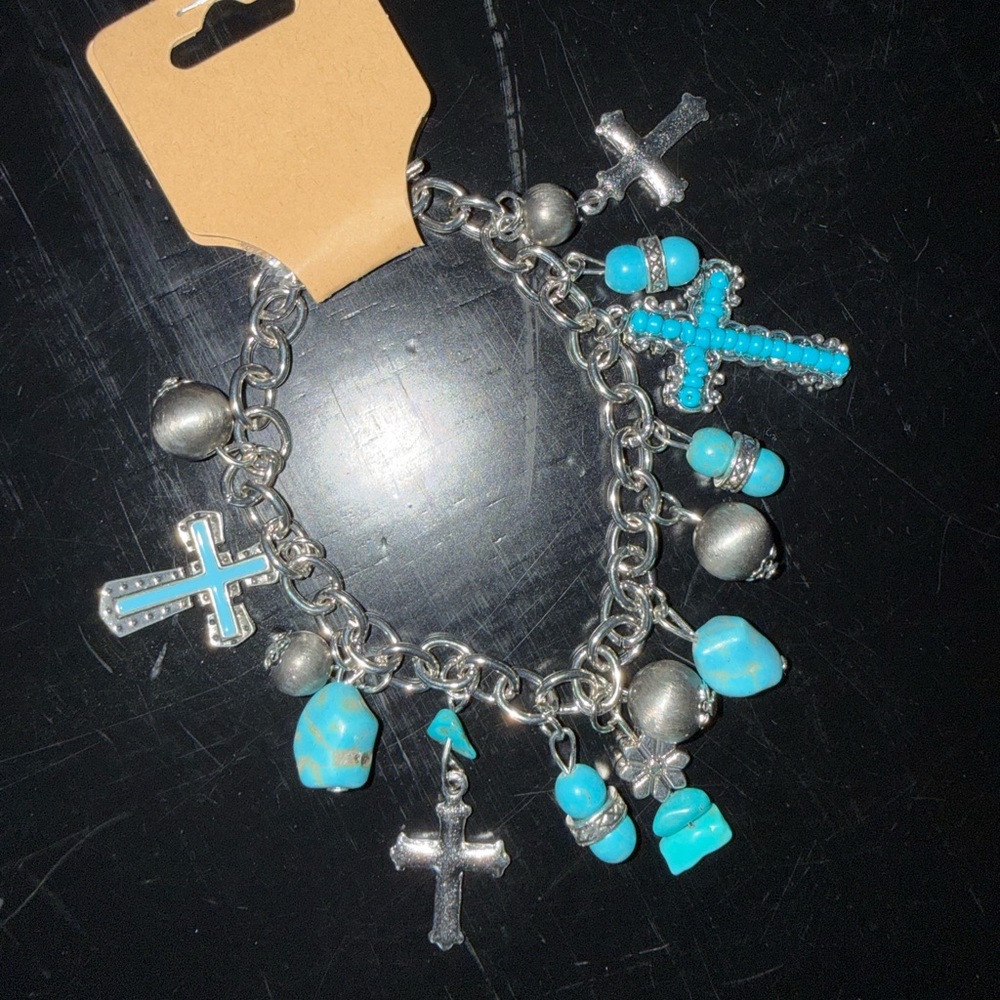 Alloy Pendant Iron Chain Beaded Faux Turquoise Inlaid Drop Oil Cross Bracelet - Picture 3 of 6
